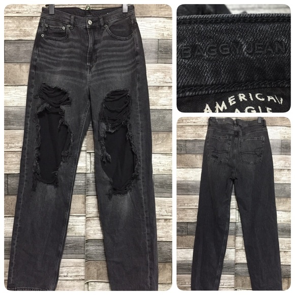American Eagle Baggy Jeans Women 4 Reg Black Distressed Destroyed (Inseam 30.5) - Picture 1 of 9